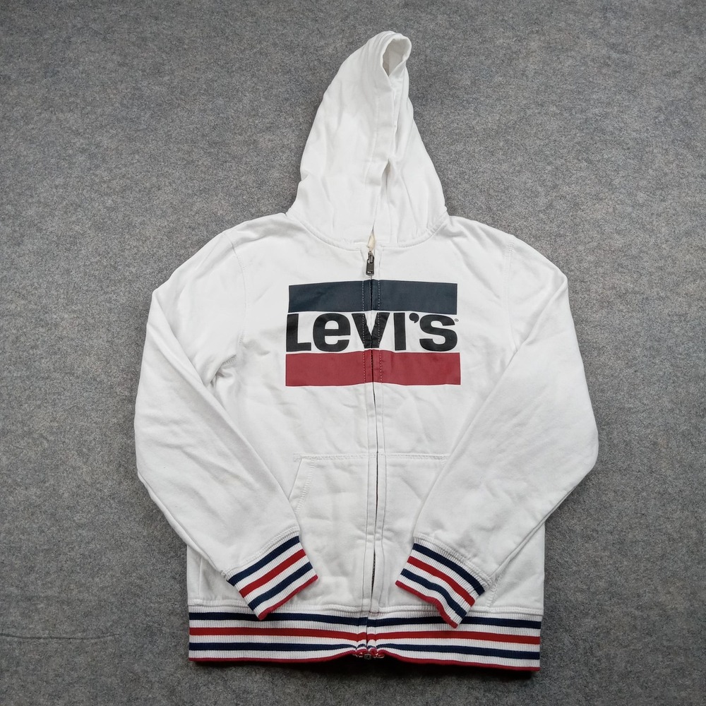Levi's Hoodie Youth Medium 10-12 White Full Zip Sweatshirt Big Logo Stripe Trim